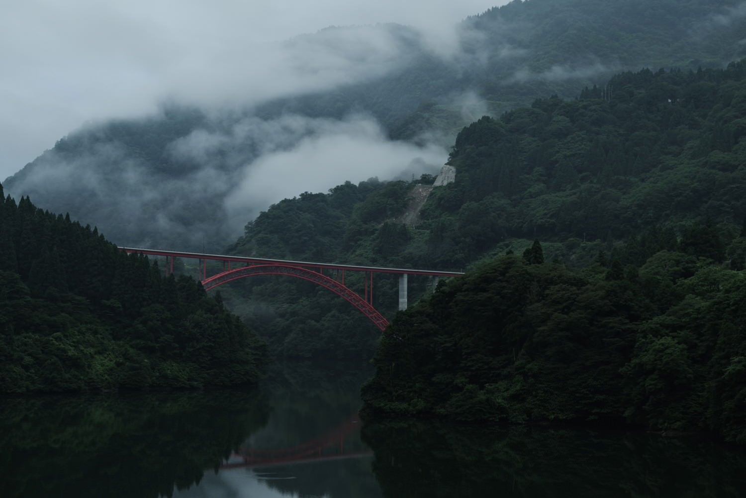 霧が幻想的な庄川峡と利賀大橋の写真素材