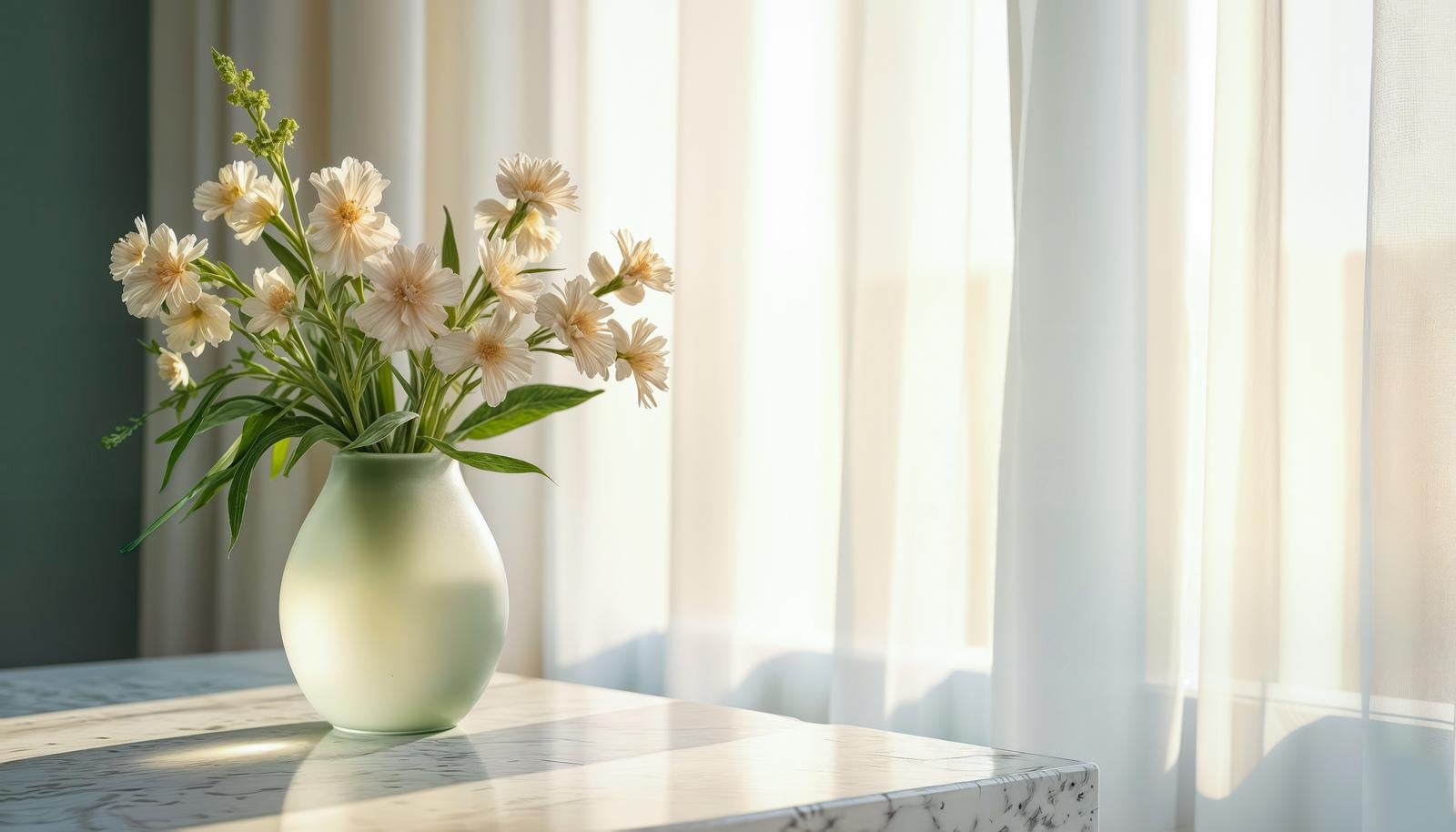 A light green vase with white flowers placed on a marble-style counter by a windowsill, with natural light streaming through lace curtains