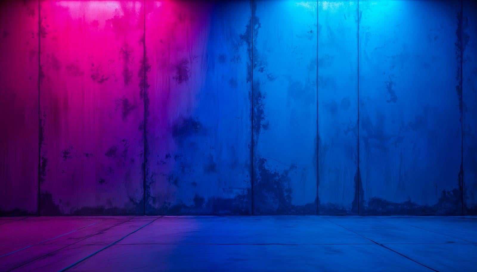 Eerie underground basement with dirty concrete walls and floor illuminated by pink and blue neon lights