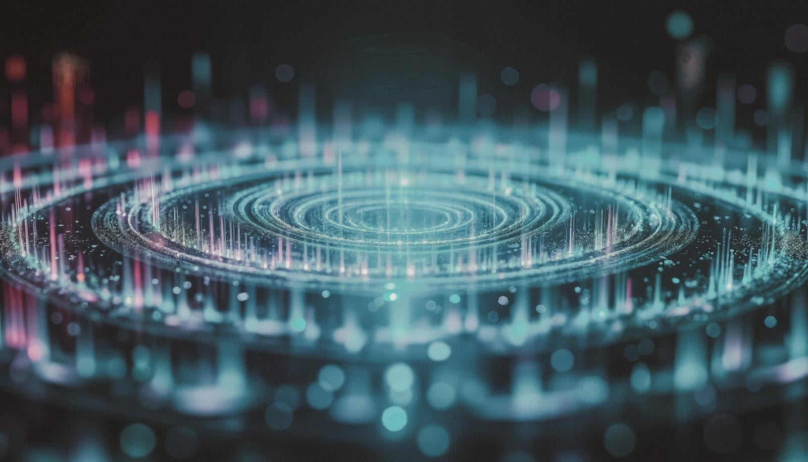 Magic circle (mahōjin) effect with cyan-green light rays rising in concentric circles in darkness