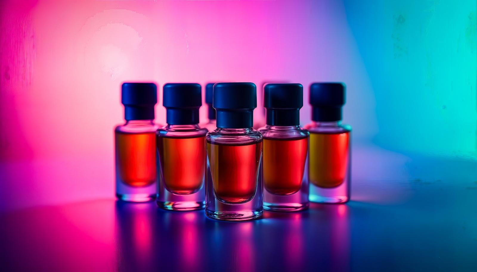Six glass bottles containing amber-colored cosmetic oil illuminated by pink and cyan neon lights