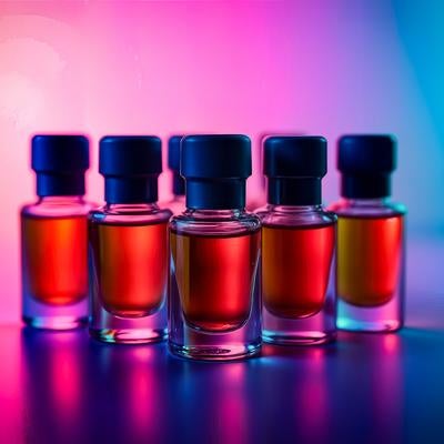 ネオンライトに照らされた化粧オイルのボトルの写真