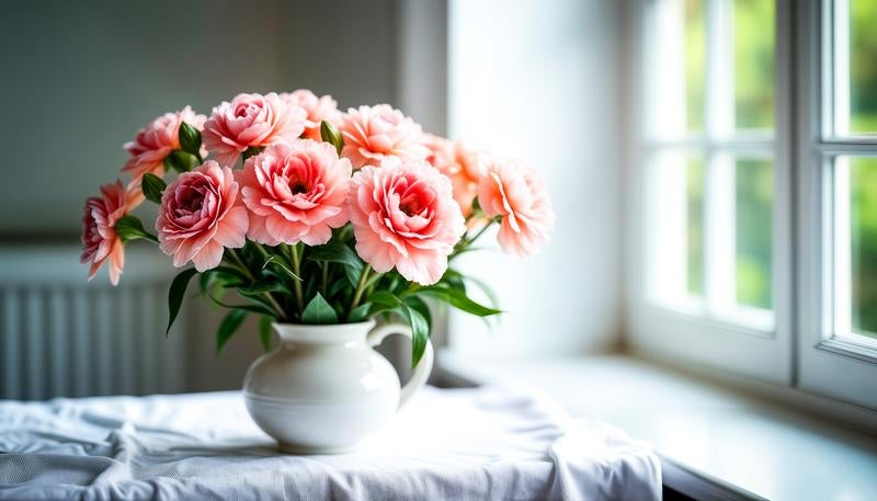 窓辺に飾ったピンクのカーネーション