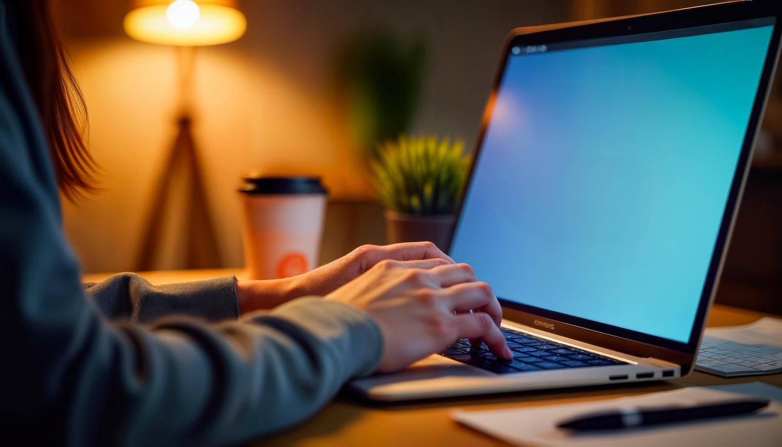 Close-up of a woman's hands typing on a laptop keyboard at a desk with indirect lighting