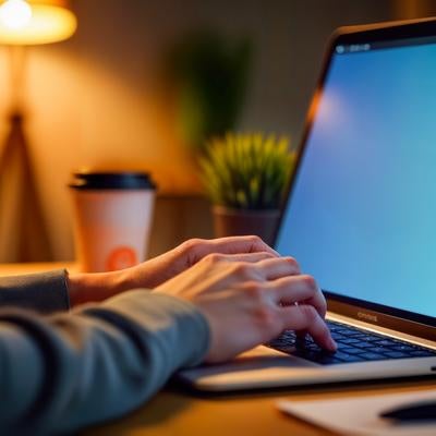 間接照明の下でノートパソコンに向かう手元の写真