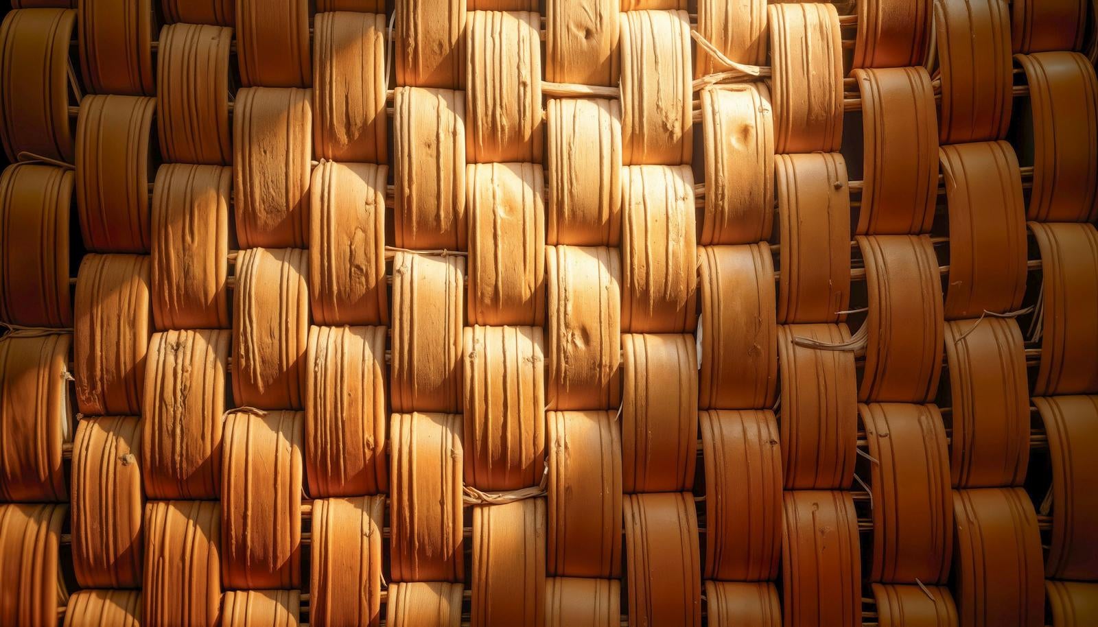 A close-up front-facing image capturing the texture of mesh woven with thick bamboo strips (take-higo)
