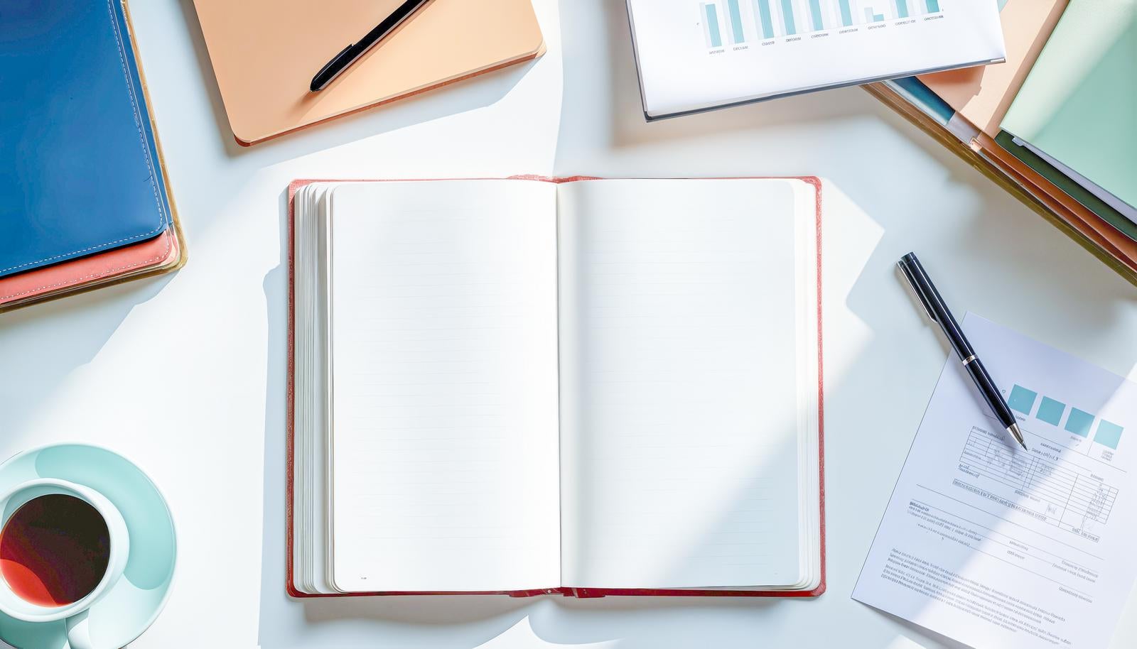 Overhead shot of a red-covered notebook opened wide on a white desk, with pens, coffee, and documents arranged around it