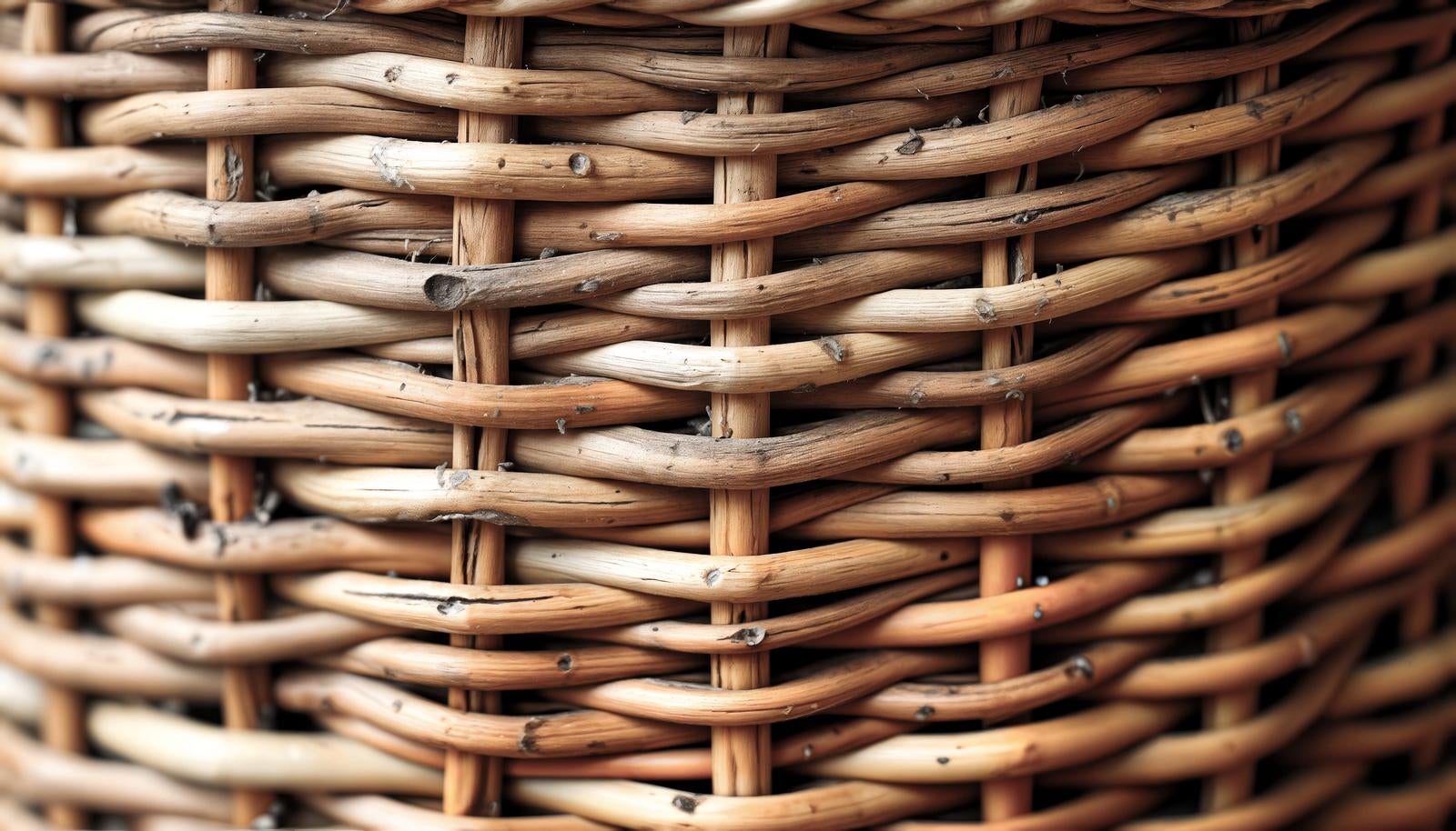 Close-up texture of a woven basket made from natural materials such as rattan or willow, capturing the detailed mesh pattern