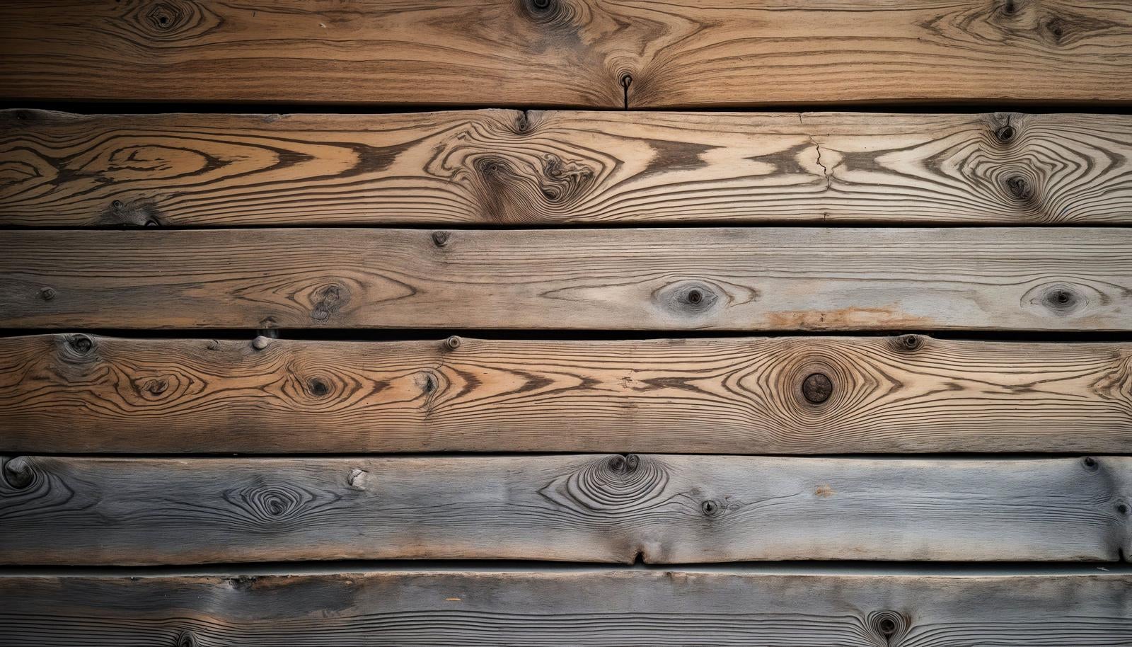 節や年輪の模様がくっきり見える古い木板が横方向に並んだ木目テクスチャー