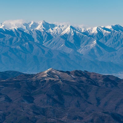冬の蓼科山（たてしなやま）から望む霧ヶ峰と槍穂高連峰の写真