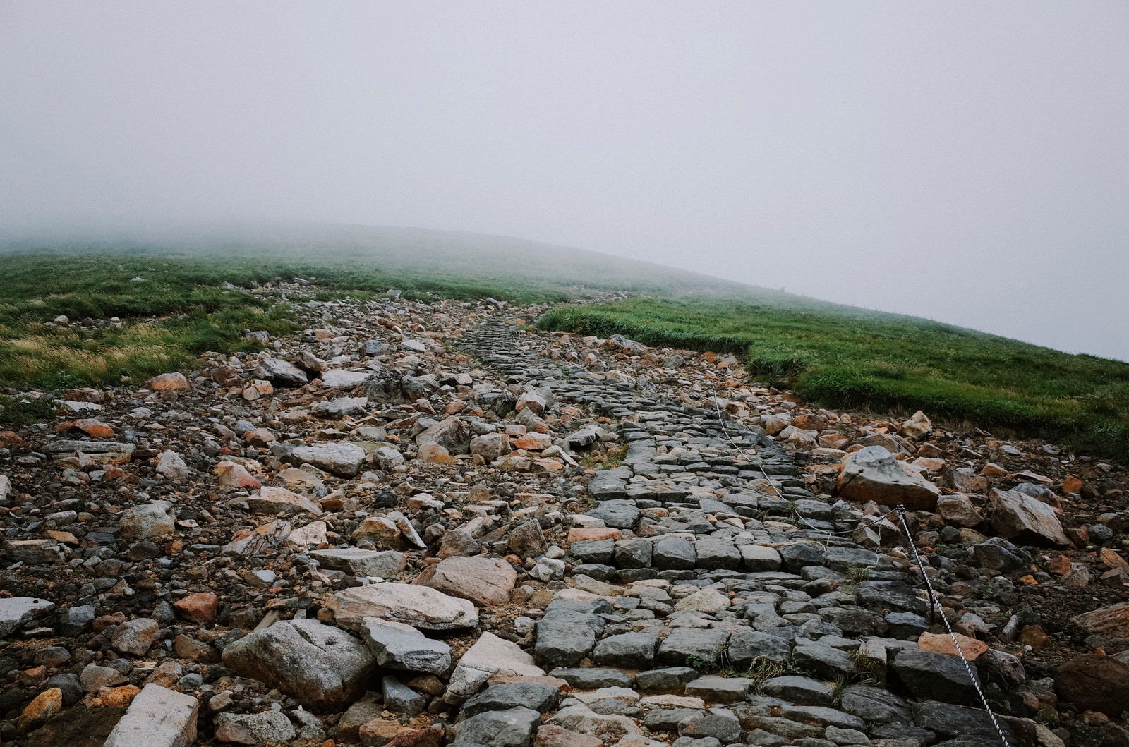 「霧に包まれた石段の登山道（鳥海山）」の写真
