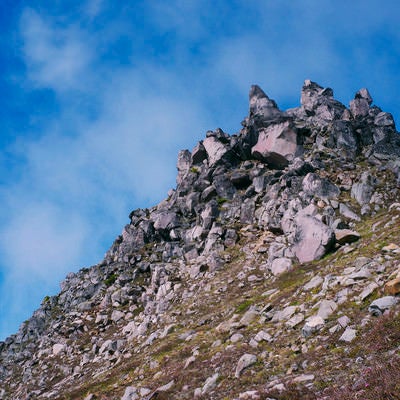火山性の岩が積み重なる焼岳の写真