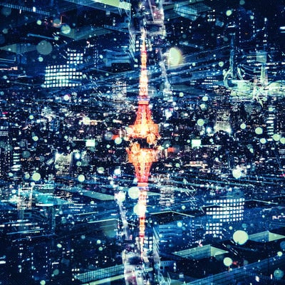 東京タワーと都市夜景（フォトモンタージュ）の写真