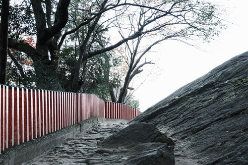 柵沿いの石畳の道（神倉神社）の写真