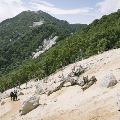 地蔵岳を登る登山者たちの写真