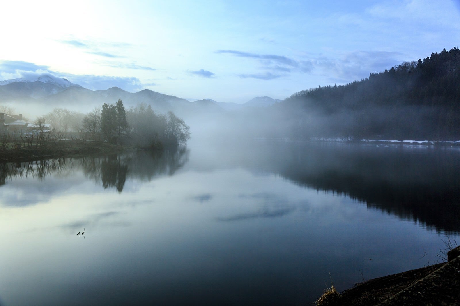 「霧がかかった池」の写真