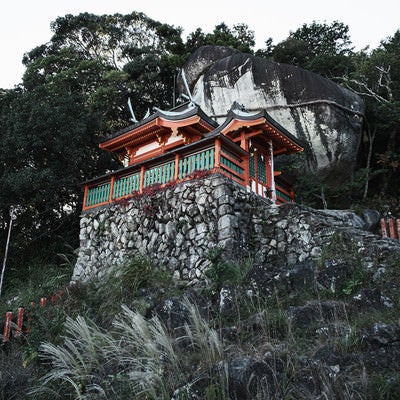 石垣の上に聳える神倉神社とゴトビキ岩の写真