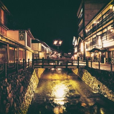 銀山温泉街と中央に流れる銀山川（夜間）の写真