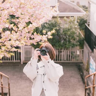 桜とミラーレスカメラ女子の写真
