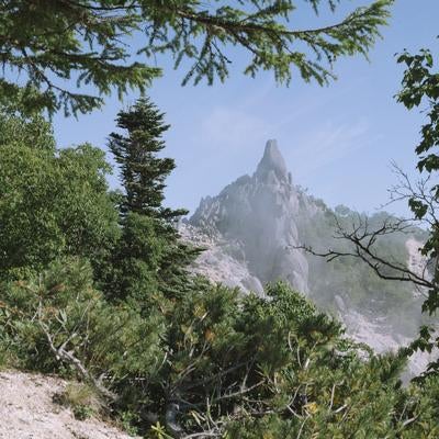 木々の隙間から見えるオベリスク（鳳凰三山）の写真