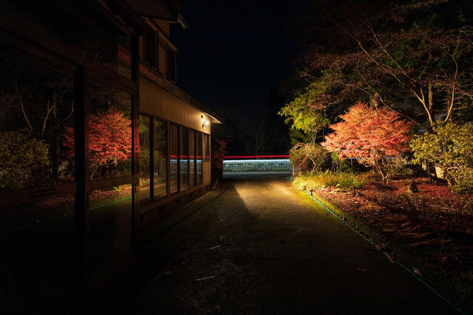 「民家に反射する庭の紅葉」の写真