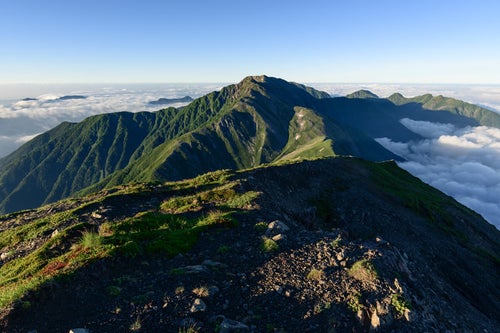 前岳から望む赤石岳（南アルプス）の写真
