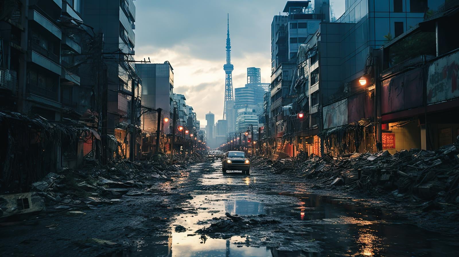 「終末の世界、荒廃した都市の風景」の写真
