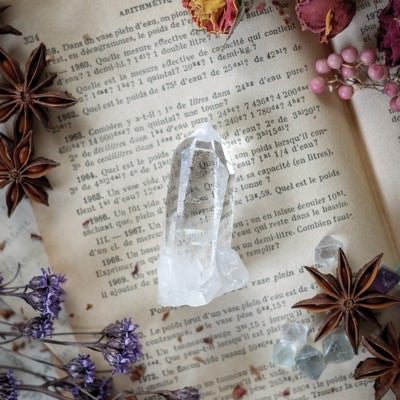 洋書の上の水晶とドライフラワーの写真