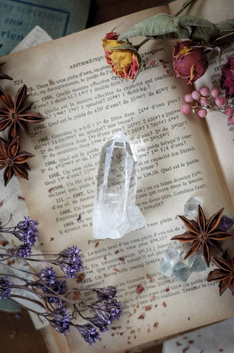 「洋書の上の水晶とドライフラワー」の写真