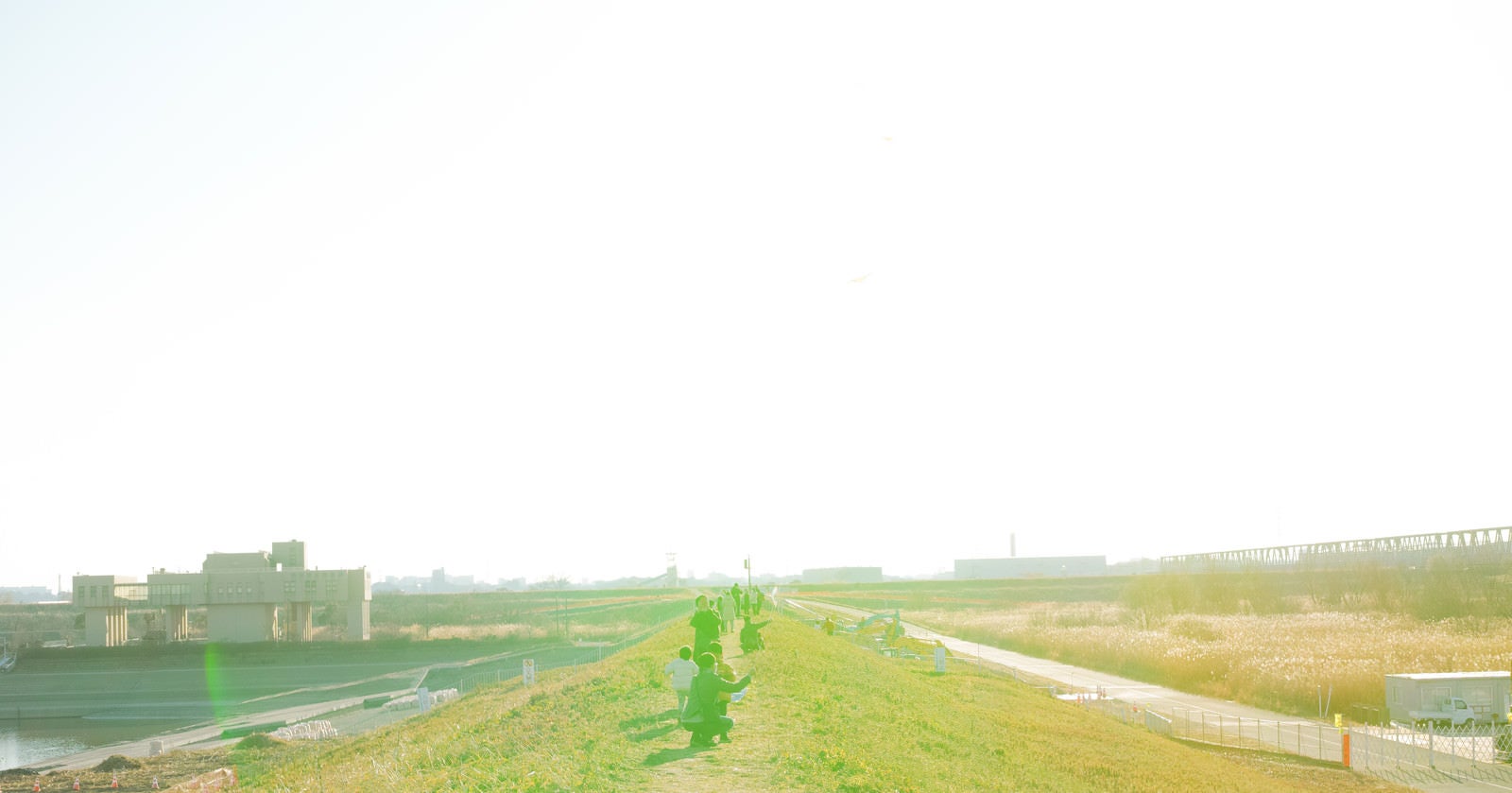 「河川敷で家族が凧あげをする様子」の写真