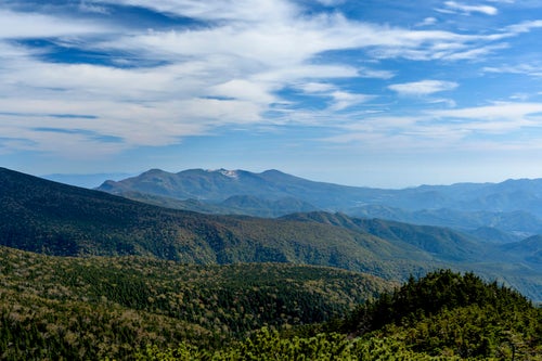 吾妻山の深い森と安達太良山（あだたらやま）の写真