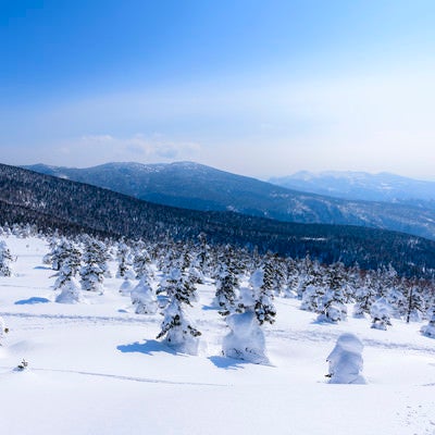 樹氷の西吾妻山から見る安達太良山（あだたらやま）の写真
