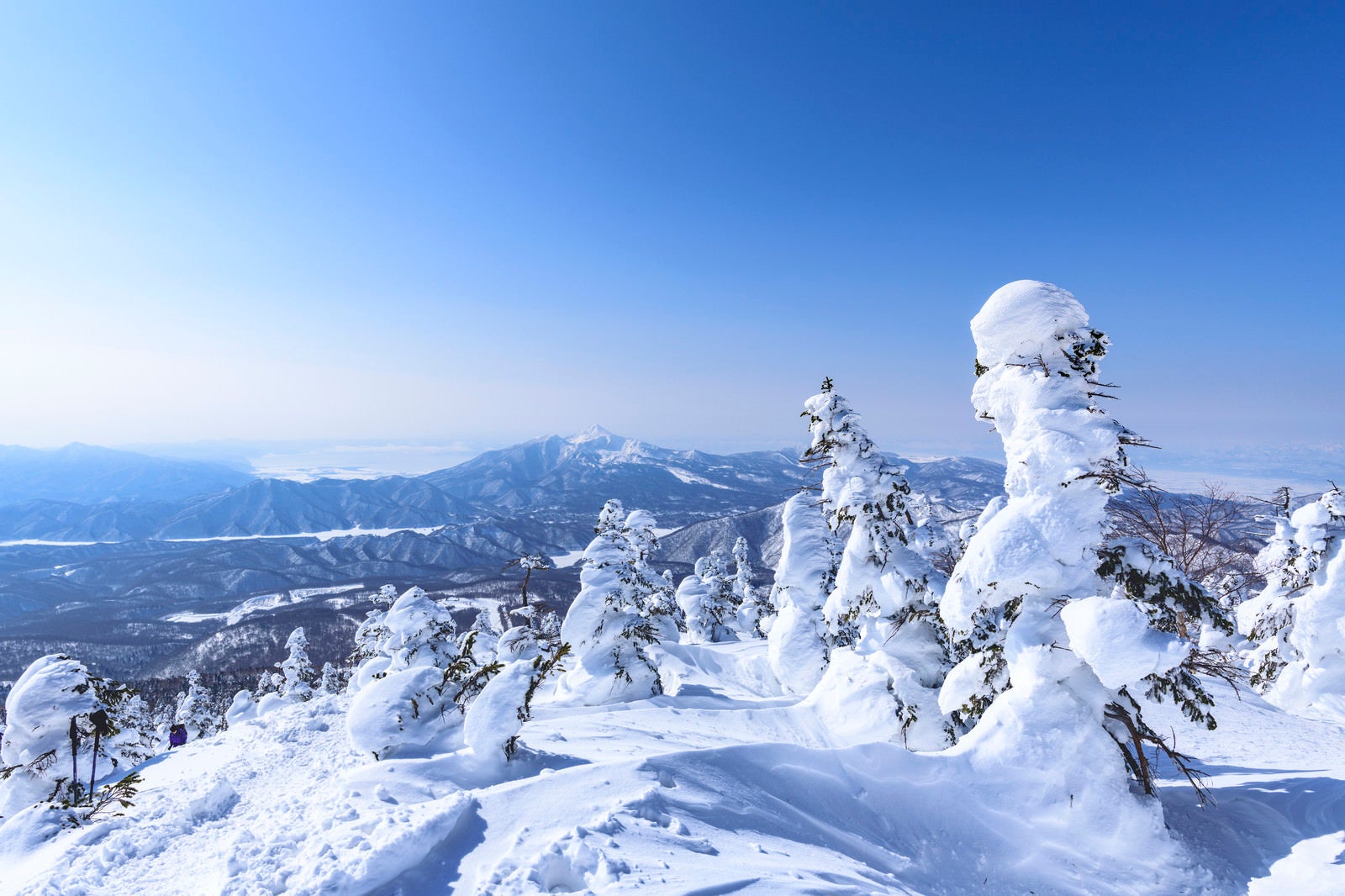 「樹氷の西吾妻山から見る磐梯山（ばんだいさん）」の写真