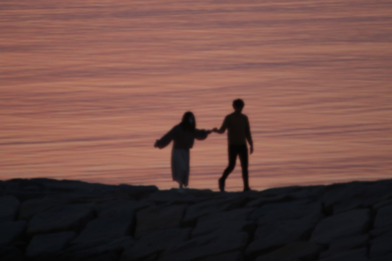 「海岸で手を取るカップルのシルエット」の写真