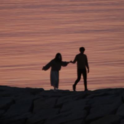 海岸で手を取るカップルのシルエットの写真