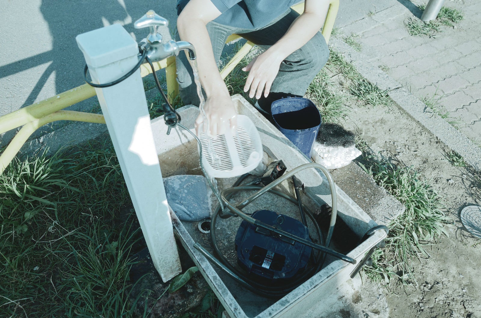 「公園で外部濾過装置を洗う男子高校生」の写真