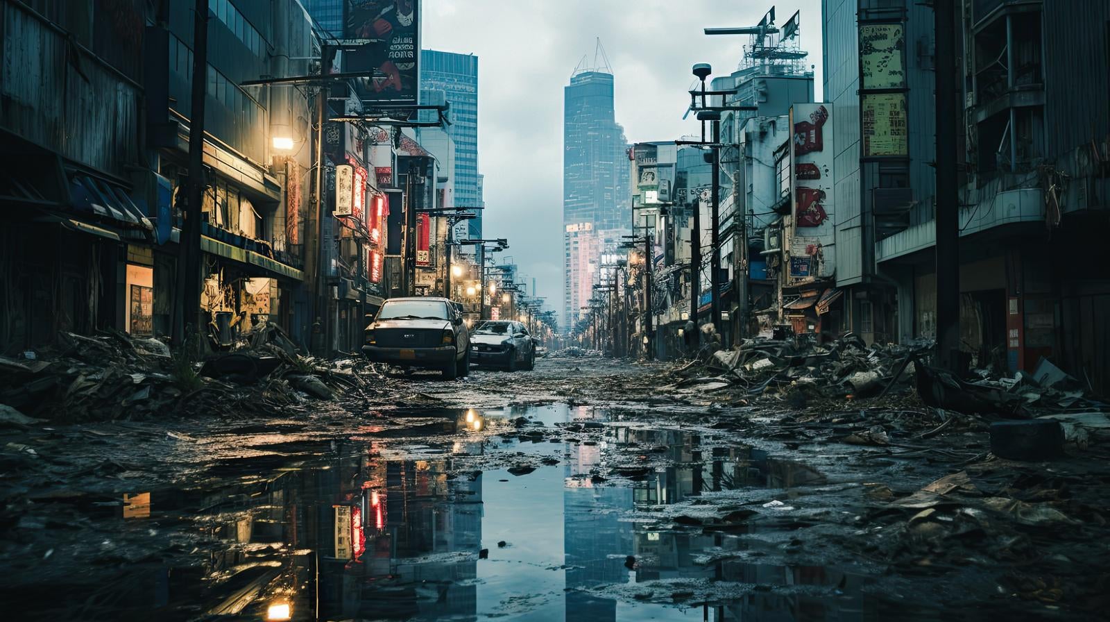 「大きな水溜りに映り込む破壊された街の様子」の写真