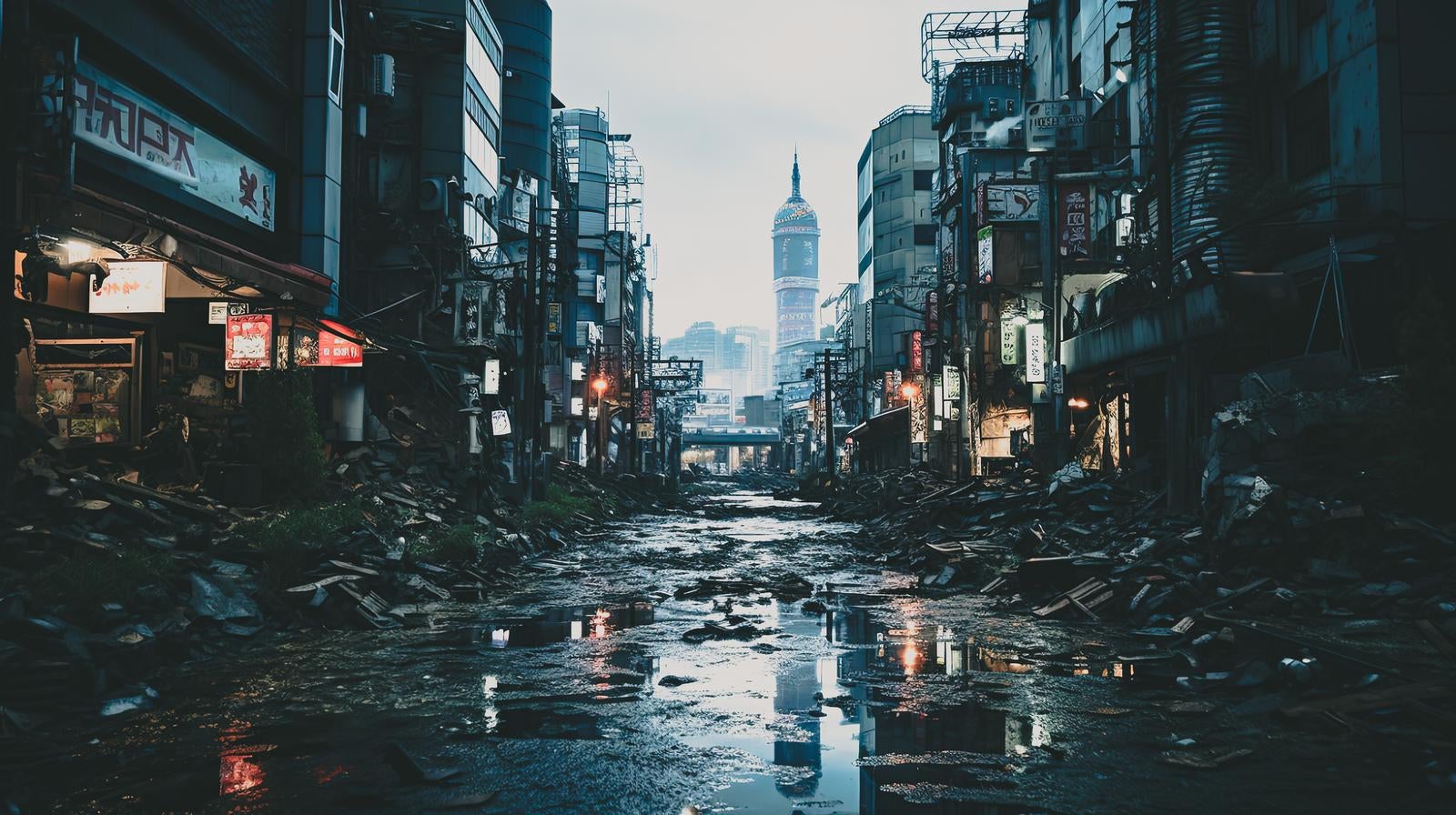 「廃墟と化した街並みの夕暮れ」の写真