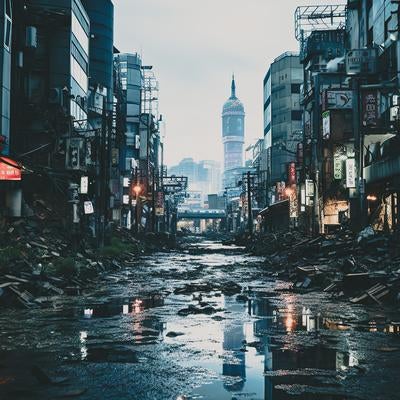 災害後の繁華街を表現した終末世界の街並みの写真