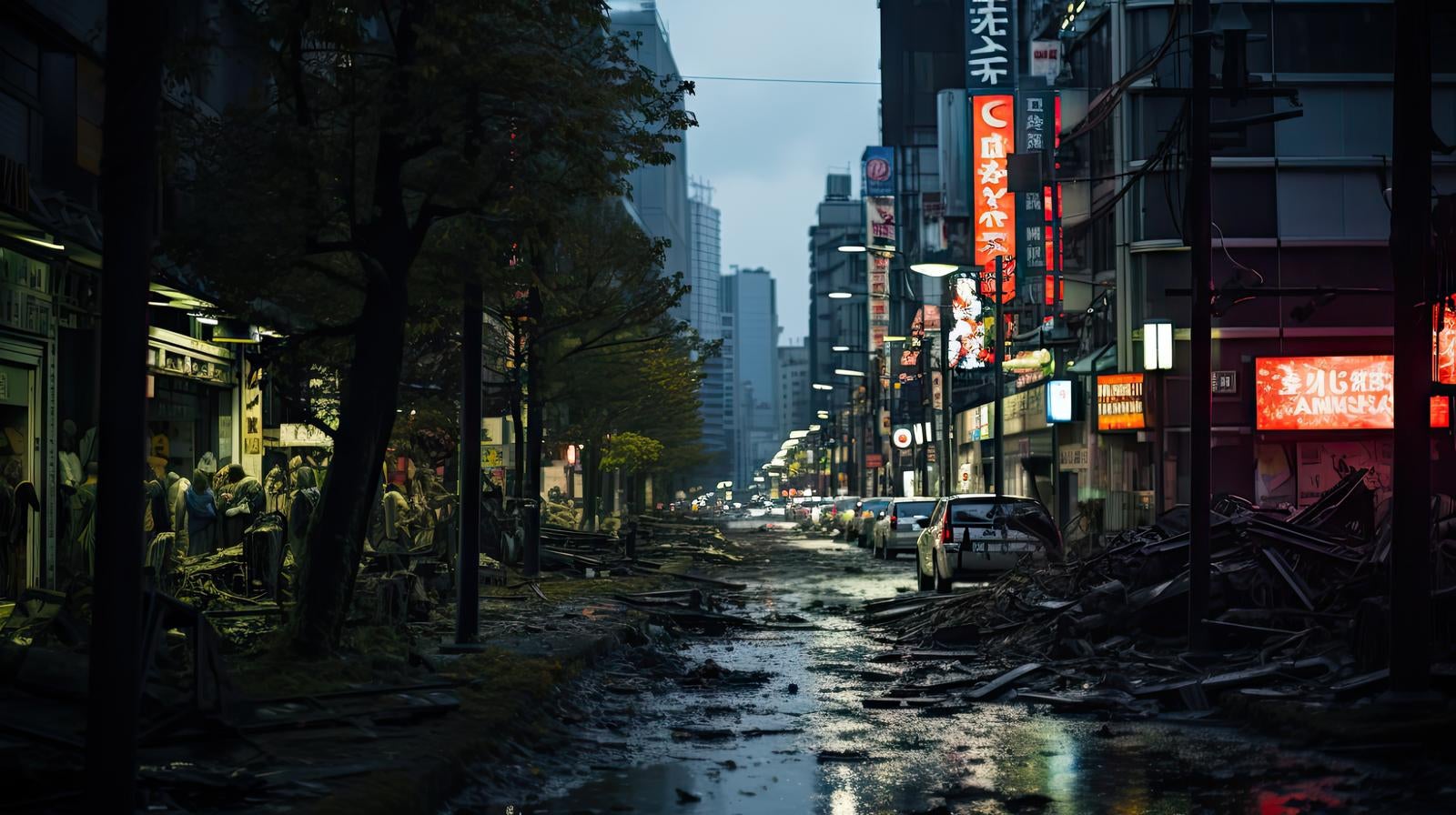 「瓦礫で浸水する都市部」の写真