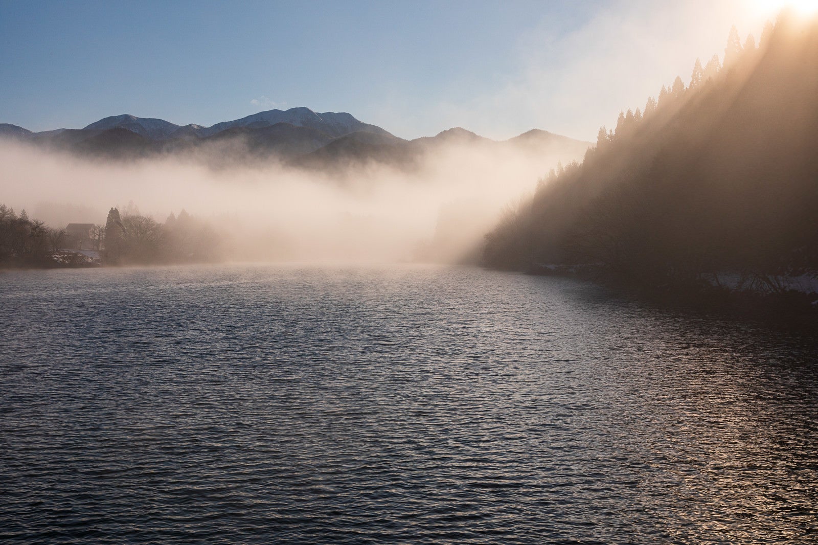 「朝靄のため池」の写真