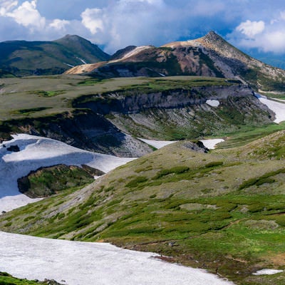 大雪山の割れた大地と雪渓の写真