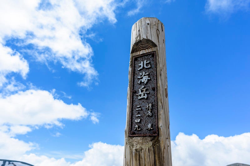 聳え立つ大雪山北海岳の木碑の写真