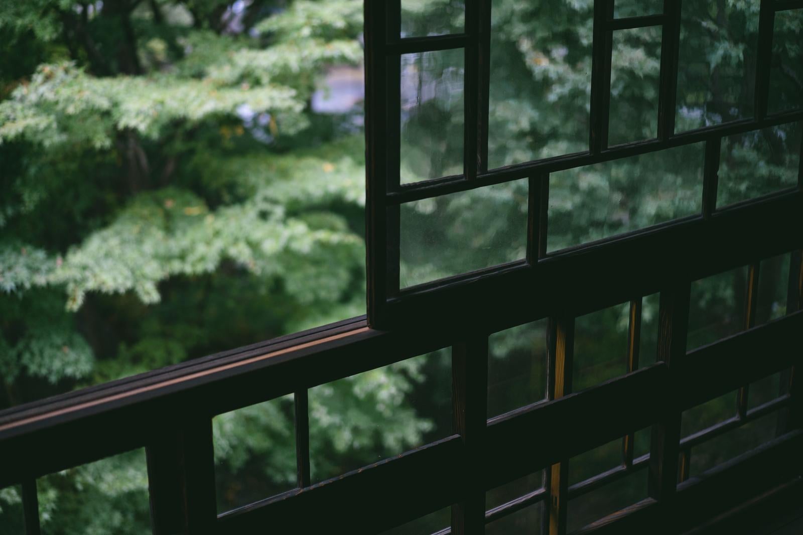 「格子窓の枠合わせと庭」の写真