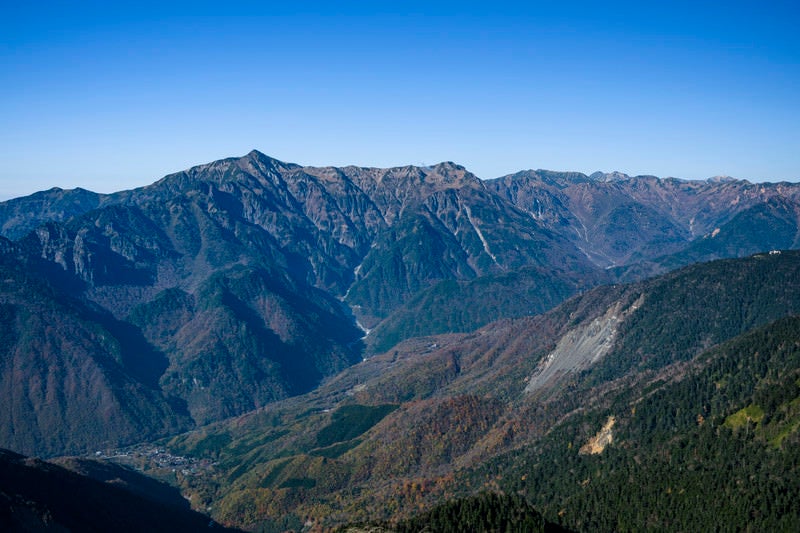 長大な笠ヶ岳稜線を望むの写真
