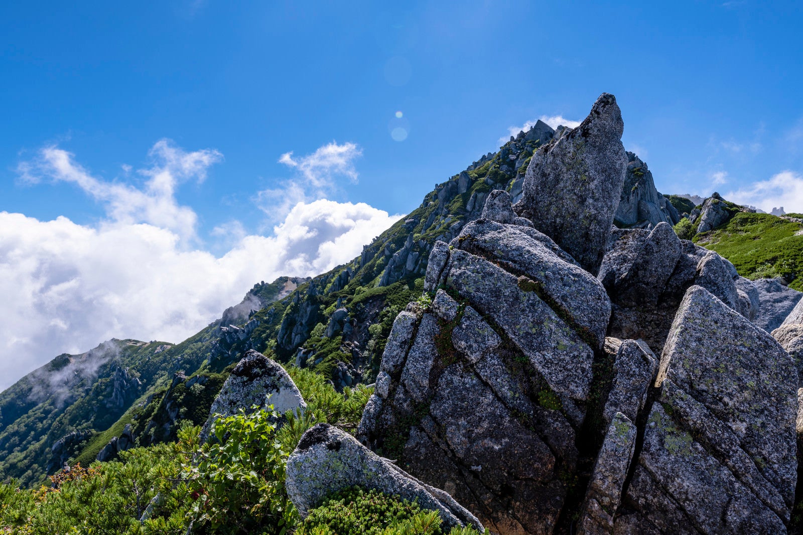 「花崗岩とハイマツが特徴的な中央アルプスの稜線の景色」の写真