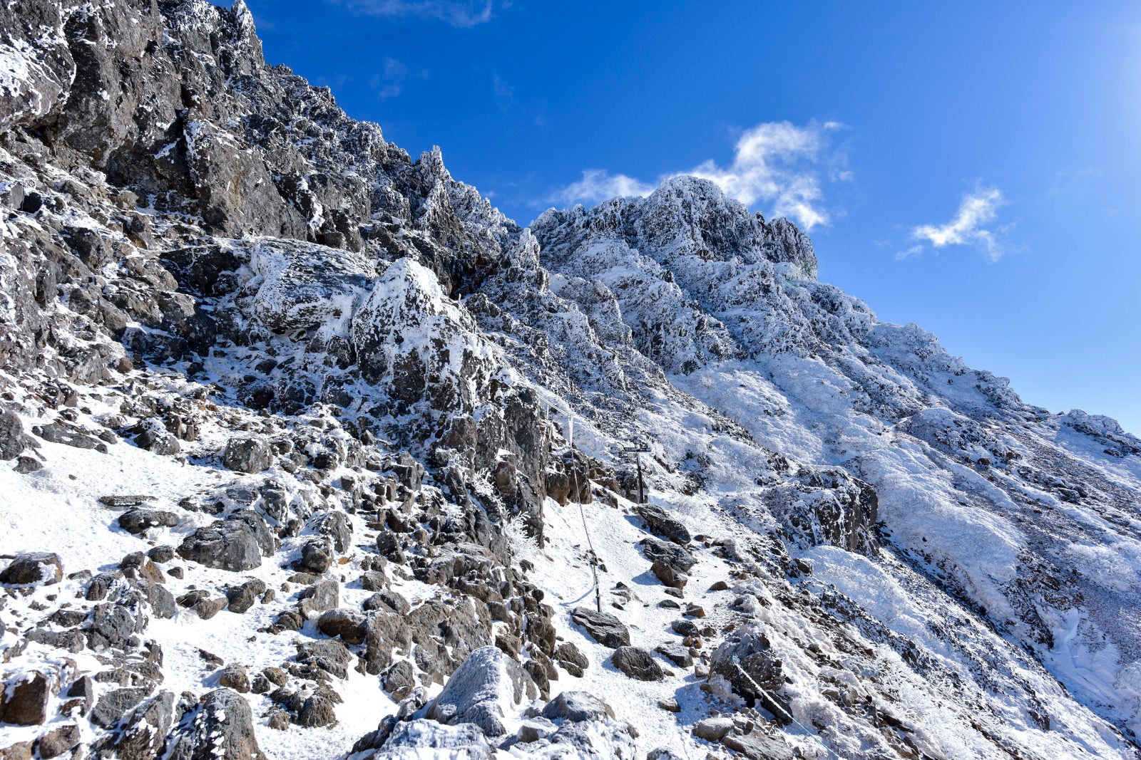 「凍てつく氷に包まれた文三郎尾根の登山道」の写真