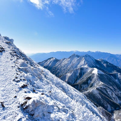 文三郎尾根のか細い雪道と眼下の権現岳（ごんげんだけ）の写真