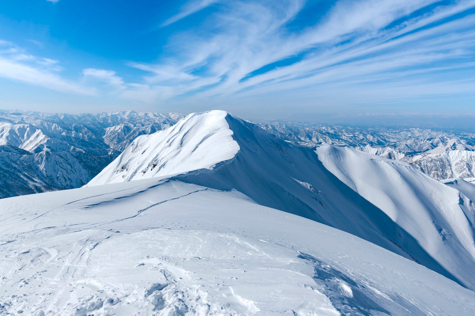 「茂倉岳の斜面へとドロップしてゆくスノーボーダー」の写真