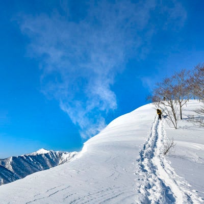 雪の中のトレースをたどる登山者と雪煙（谷川岳）の写真